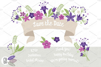 紫色花卉插画 Folk flowers purple invite ribbon