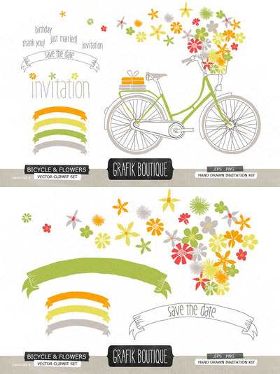 带有野花的自行车插画 Bicycle with wild flowers