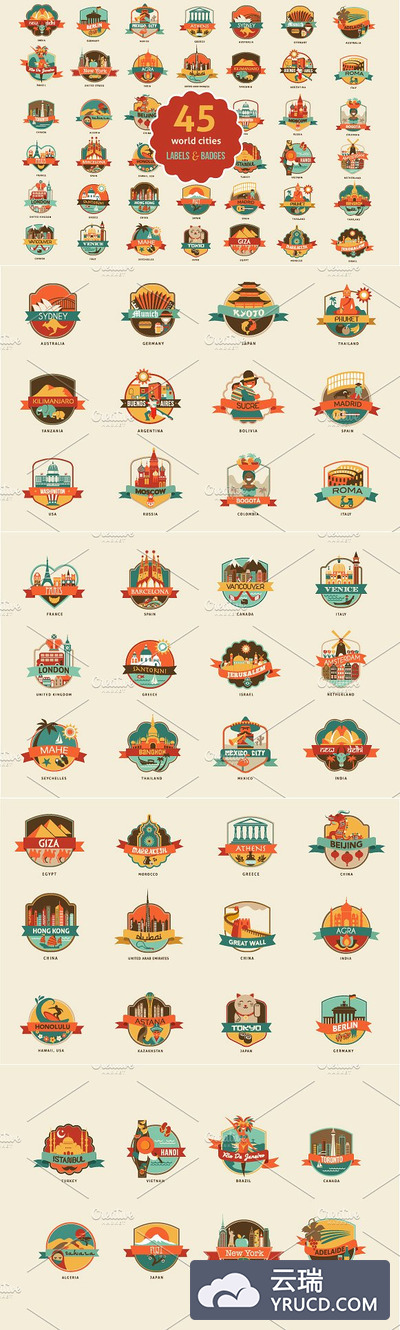 城市地标图形插画 World Cities & Places - 45 labels