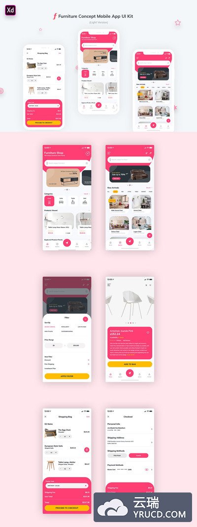 高端时尚简约家具家居APP UI KITS（Adobe XD）