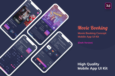 时尚高端好用的高品质电影预订MobileApp UI KITS深色版本（XD）