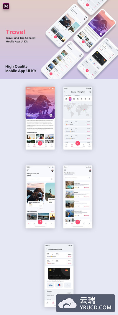 时尚高端简约旅行旅游APP UI KITD（Adobe XD）