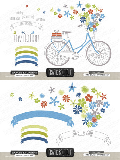 带有花卉的自行车插画 Bicycle with flowers blue