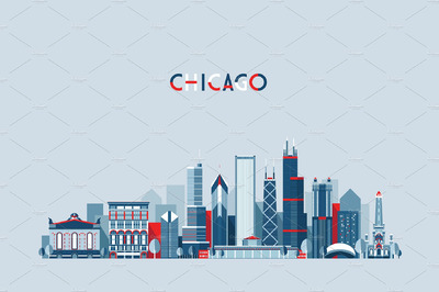 芝加哥天际线插画 Chicago skyline, USA
