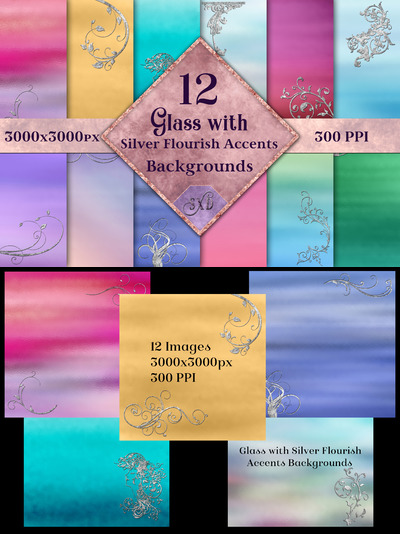 12个柔和的多彩玻璃银色花边背景纹理素材下载