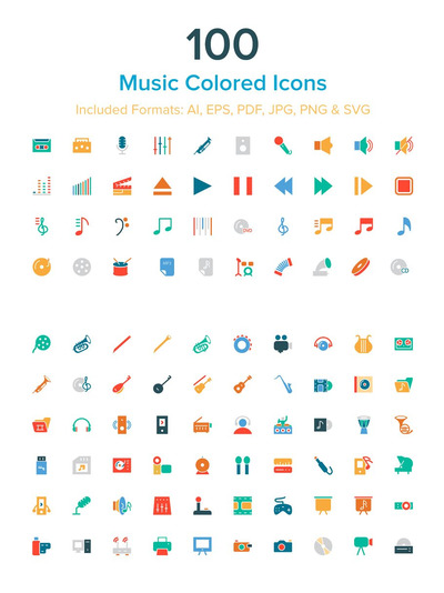 彩色音乐素材图标 100 Music Colored Icons