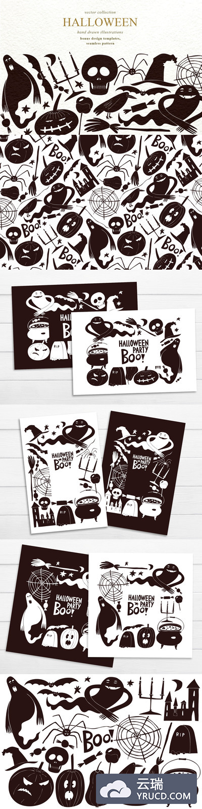 单色万圣节元素矢量插画合集