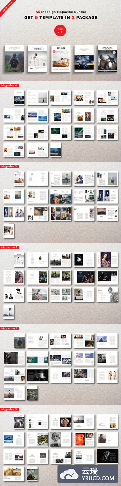 时尚多用途的A5尺寸InDesign杂志套装模板