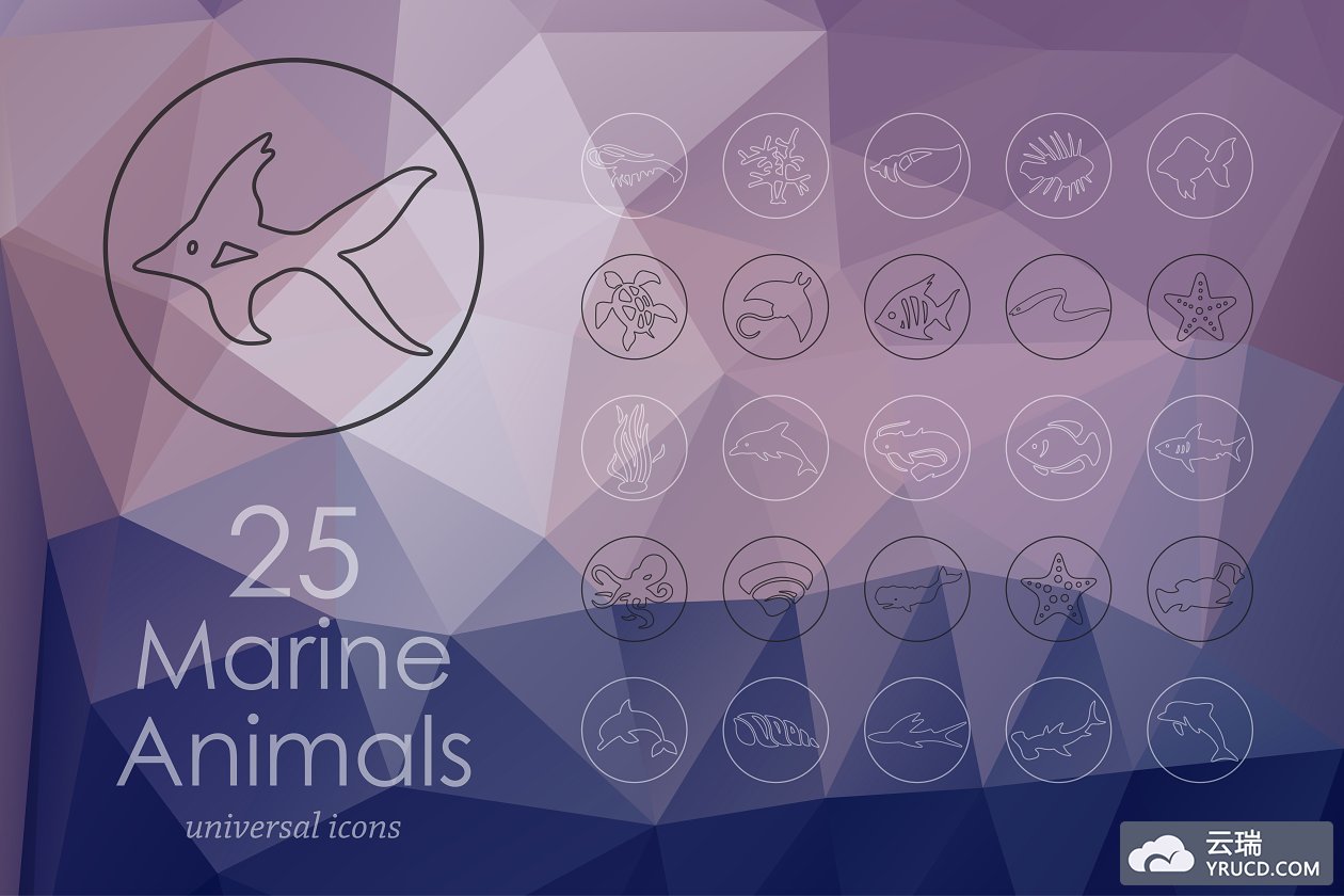 海洋动物图标素材 25 marine animals line icons