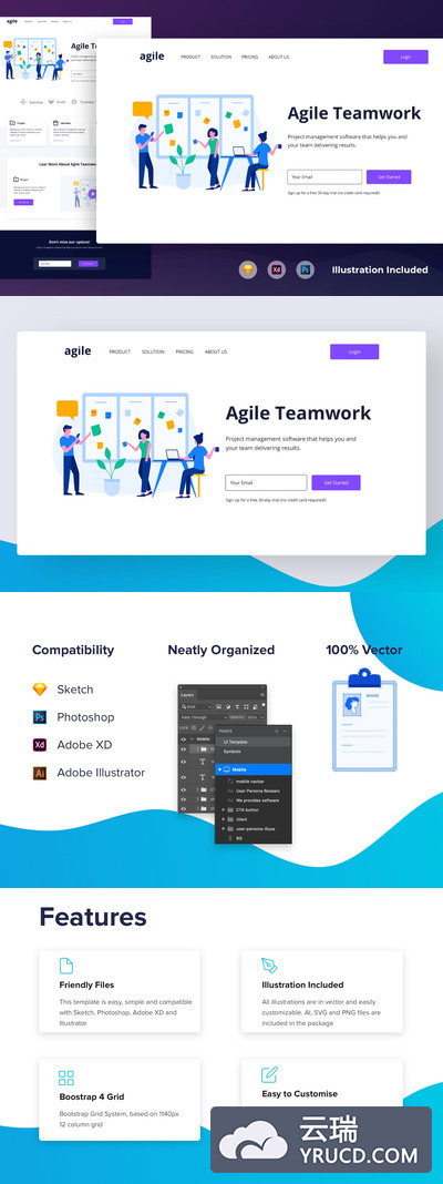 时尚简约流行扁平化风格团队合作banner网站设计UI KITS