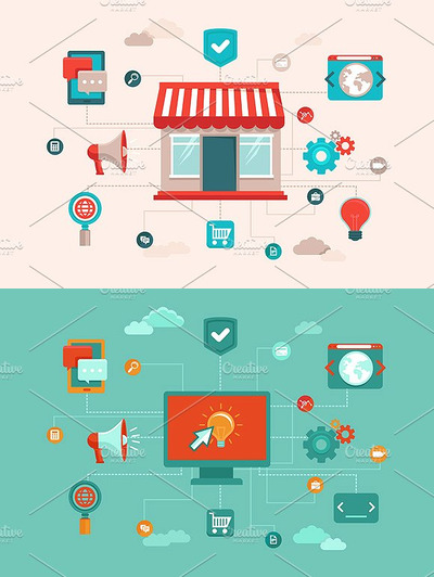 网上购物电商插画 Online shopping and marketing