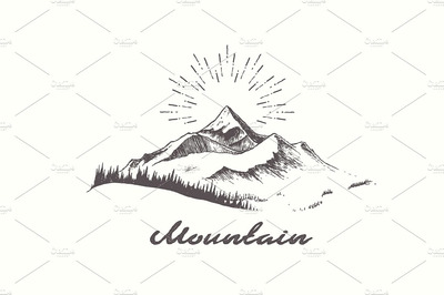 日出大山插画 Mountain logotype with sunbursts