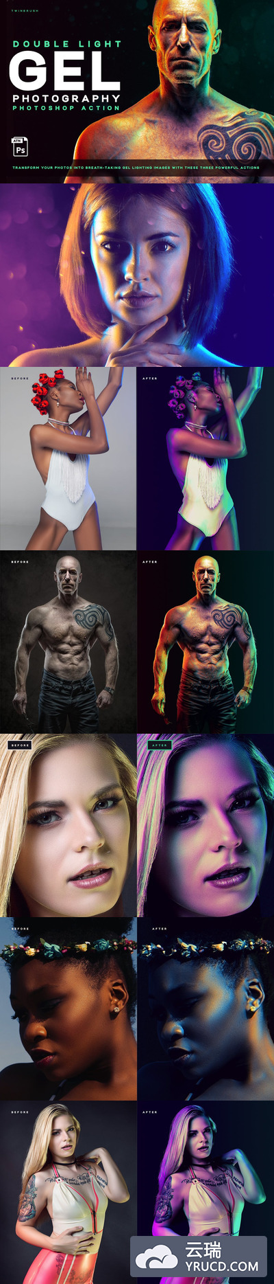 时尚高端震撼的高品质双重照明（凝胶）效果photoshop动作预设