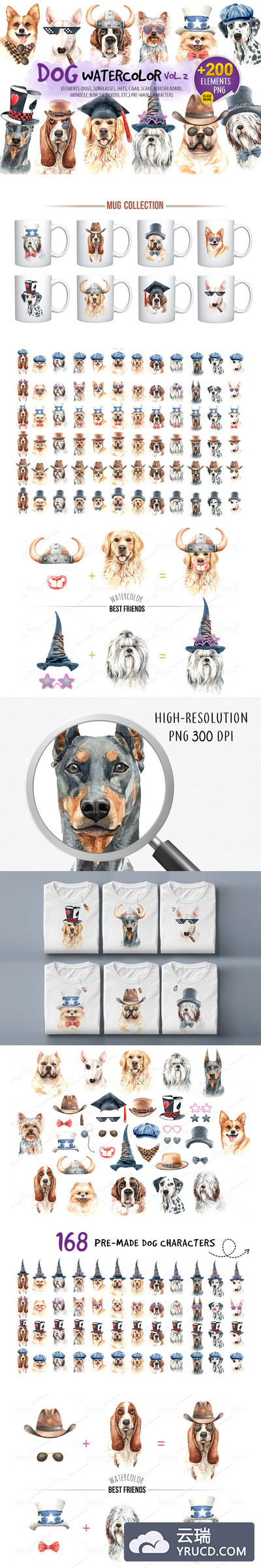 手工绘制的小狗动物水彩剪贴画素材合集