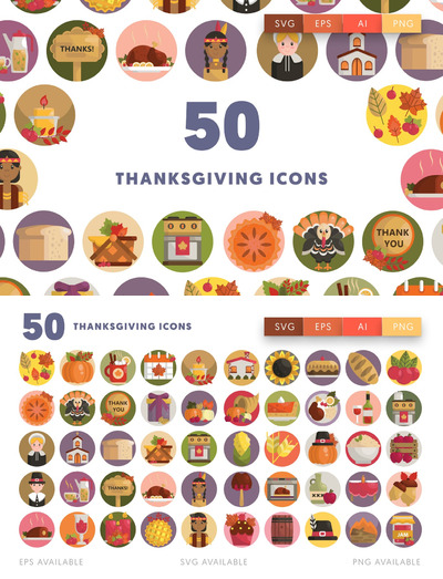 ICONS | 矢量卡通可爱多色人物食物动物完美感恩节图标