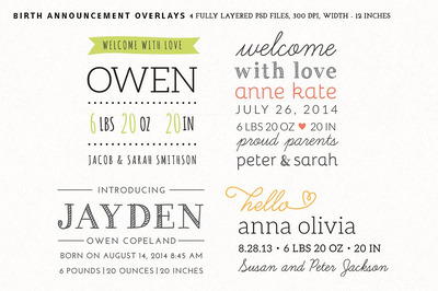 出生设计字体图形覆盖 Birth Announcement Overlays - Set 2