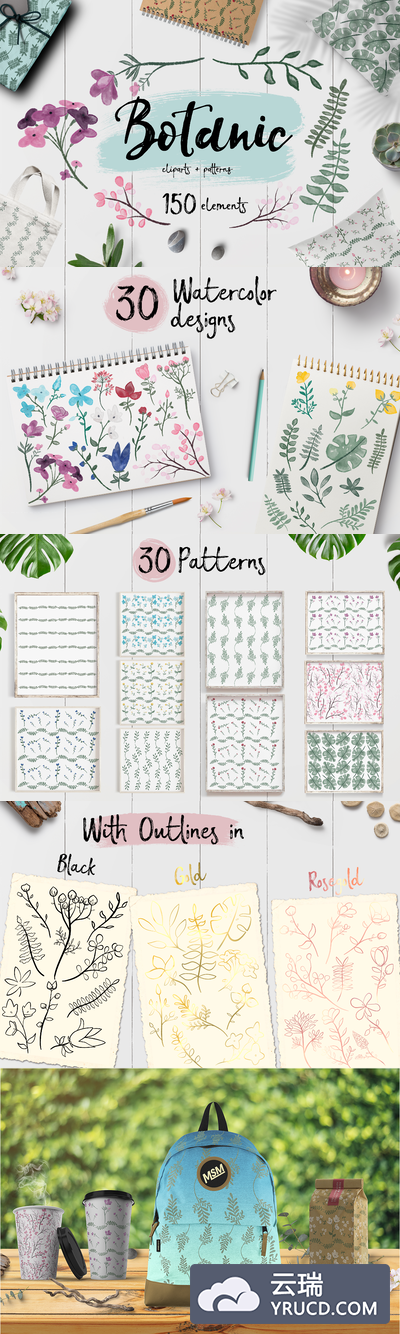 植物花束水彩元素设计插画&图案素材