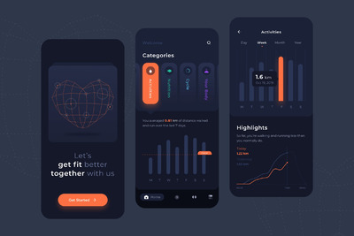 暗黑模式的人体健康数据监控APP UI KIT套装下载[Sketch]