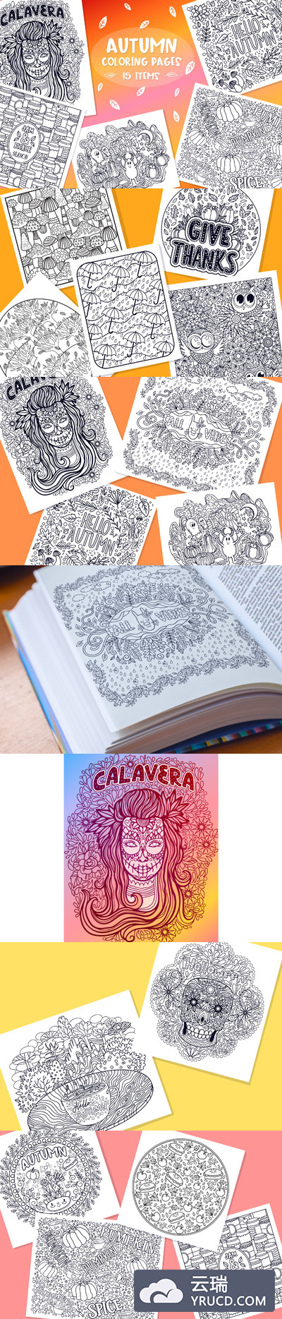 15个秋季浮雕剪影着色页矢量图案合集