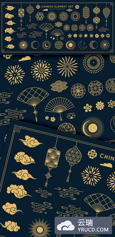 时尚高端简约多用途的中国风新年元旦矢量元素集合