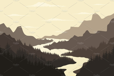 河流森林插画 River mountain2