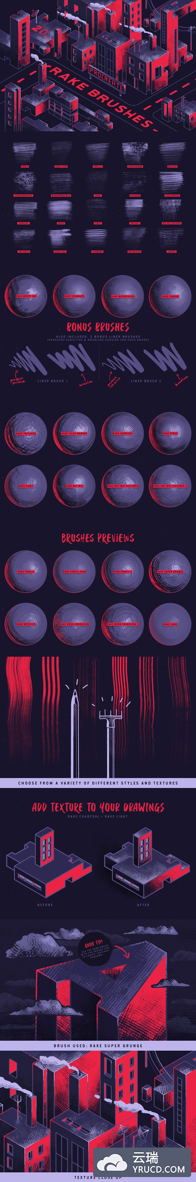 笔刷 | 20个复古做旧不同样式纹理阴影倾斜油漆笔iPad Procreate的耙式画笔