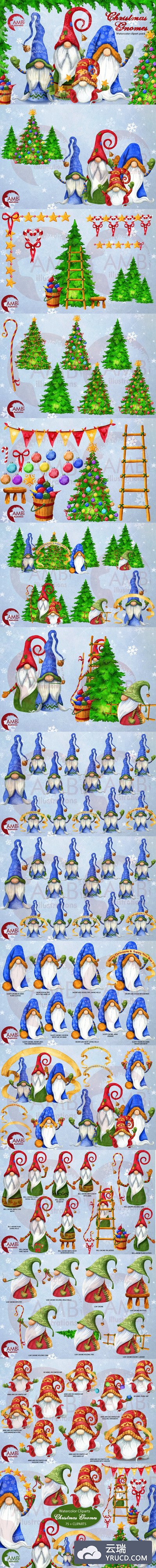 圣诞地精侏儒水彩插画素材