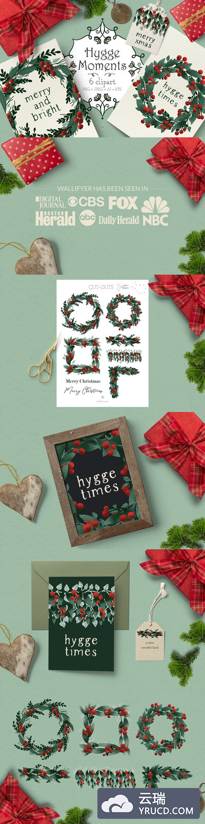 圣诞节冬青花环水彩剪贴画素材下载