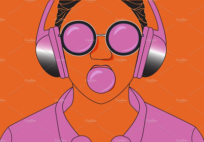 音乐插画素材 Girl listening to music
