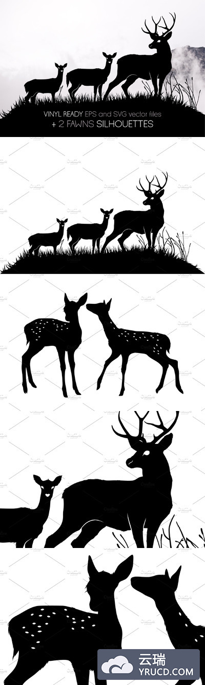 鹿的形状插画 3 deers and 2 fawns vector shapes