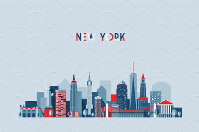 纽约天际线插画 New York city skyline, USA