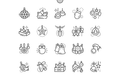 圣诞树上的玩具图标 Toys on the X-mas tree Line Icons