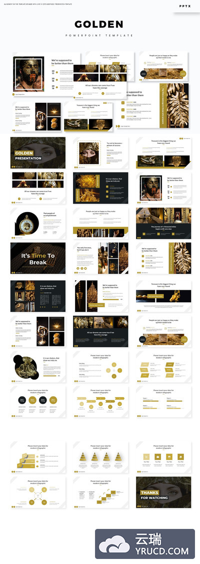 时尚高端土豪金金色配色的高品质powerpoint幻灯片演示模板（pptx）
