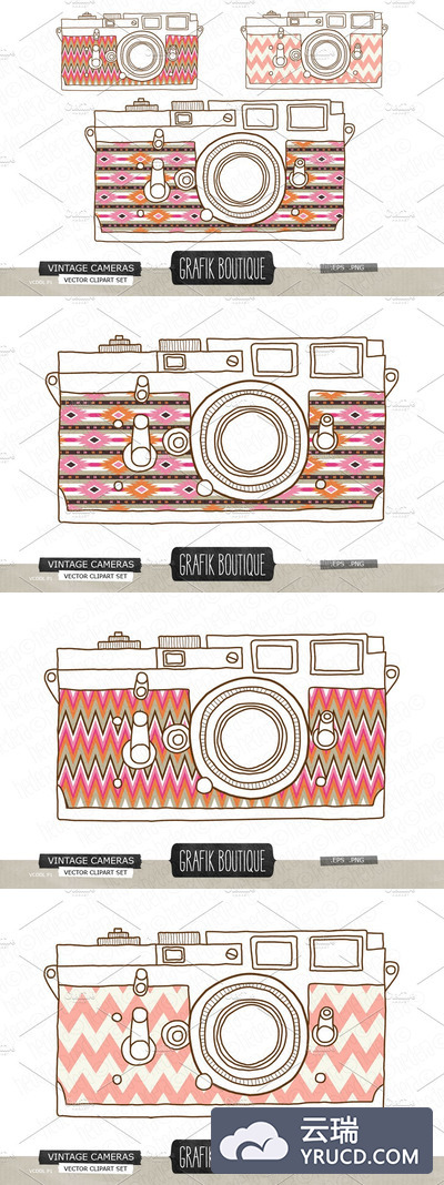 复古相机装饰插画 Vintage camera hand drawn aztec skin