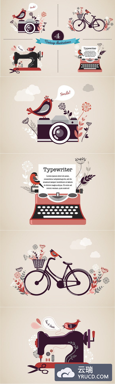 复古打字机缝纫机插画 Set of 4 Vintage illustrations