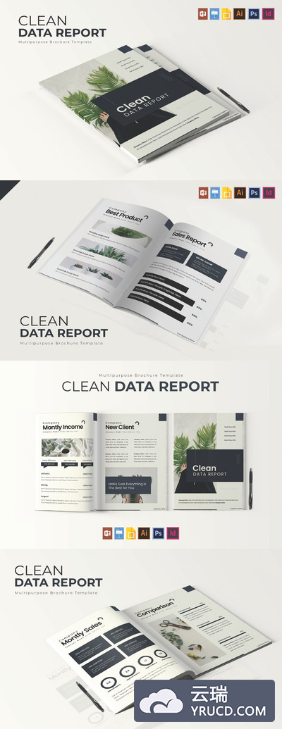 优雅时尚清新高端大数据画册品牌手册杂志宣传册房地产楼书设计模板（AI，EPS，JPG，PSD）