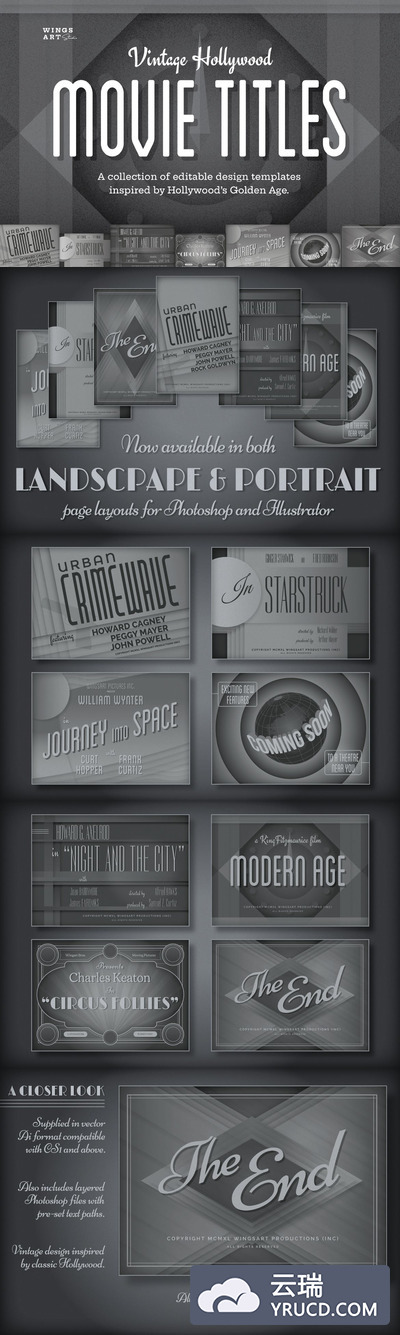 高端时尚少见稀有的复古好莱坞电影标题海报设计模板大集合（AI，PSD，JPG）