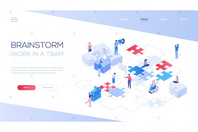 头脑风暴和团队合作-等距网页banner插画素材[EPS]