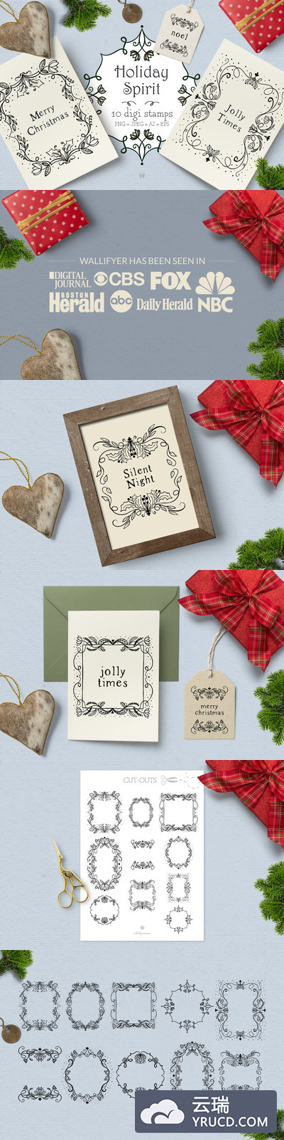 复古老式圣诞节数字邮票贺卡设计素材