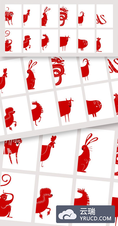 时尚高端简约抽象个性可爱的2020中国年新年元旦十二生肖插画banner海报设计模板