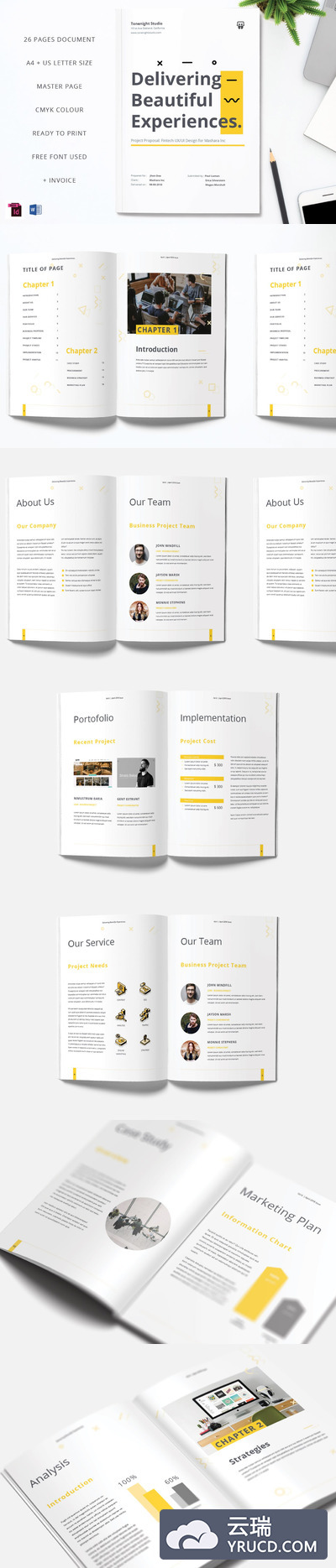 时尚简约新孟菲斯风格的项目提案品牌手册画册宣传册杂志设计模板（indd）