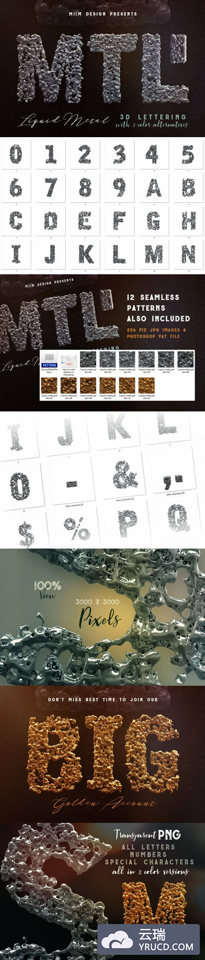 逼真的3D液态金属效果字母&数字图形素材