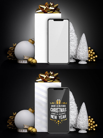 圣诞节iPhone 11 手机礼品组合样机素材下载[PSD]