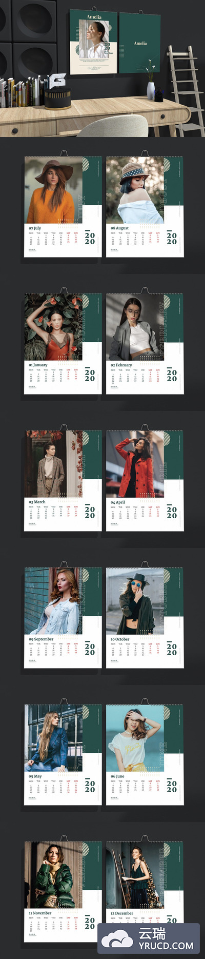 优雅时尚高端简约2020新年日历台历挂历设计模板（AI，EPS，PDF，JPG）