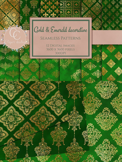 复古华丽的金色&翡翠绿锦缎数码纸图案纹理素材