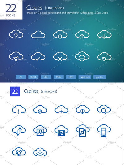云存储矢量图标素材 22 Clouds Line Icons