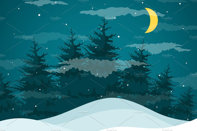 森林夜间的景色插画 Night in woods