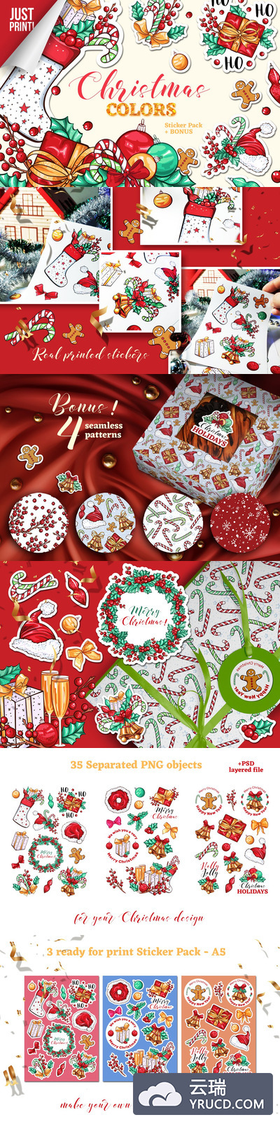 圣诞主题矢量多彩贴纸素材合集