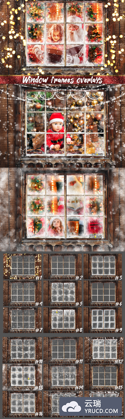 冬天圣诞节结冰窗框照片叠层PNG素材