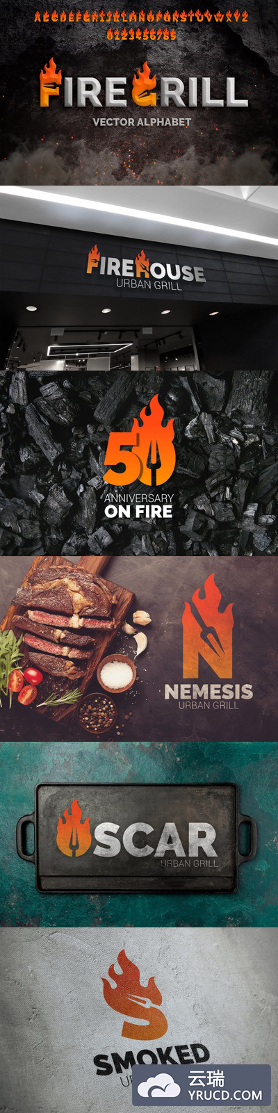 非常给力的烧烤BBQ烤肉店logo标志设计26个火焰英文字母（AI，EPS，PNG）